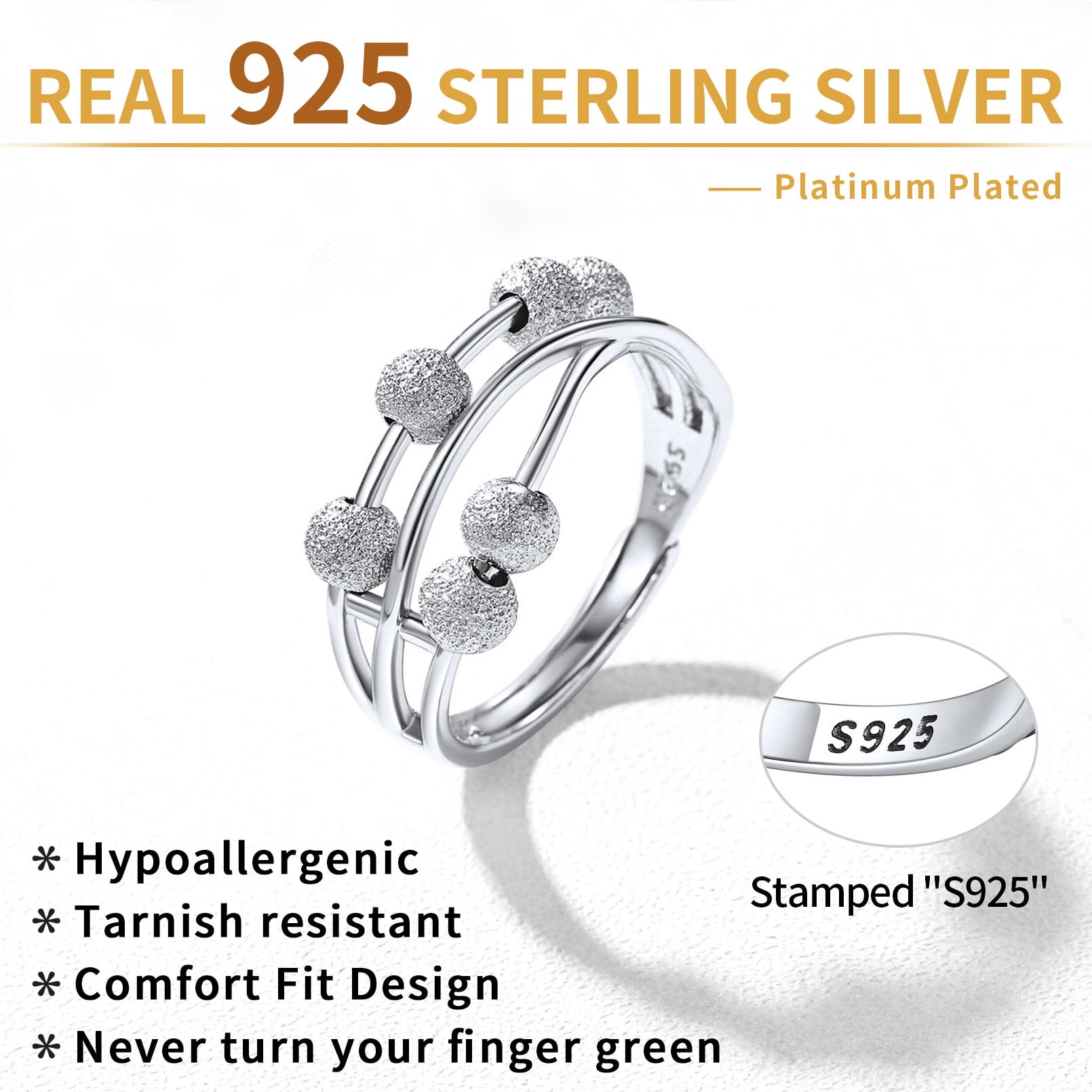 ChicSilver Fidget Anxiety Ring for Women 925 Sterling Silver Spinning Spinner Rings for Men Adjustable Stress Relief Jewelry Gifts for Teens Birthday