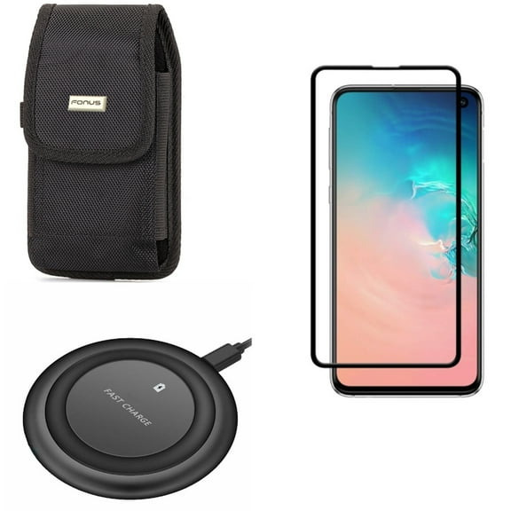 Galaxy S10e Wireless Charger w Case Belt Clip w Screen Protector - Fast 7.5W and 10W Charging Pad, Swivel Holster Rugged, Tempered Glass 5D Curved Edge for Samsung Galaxy S10e Phone