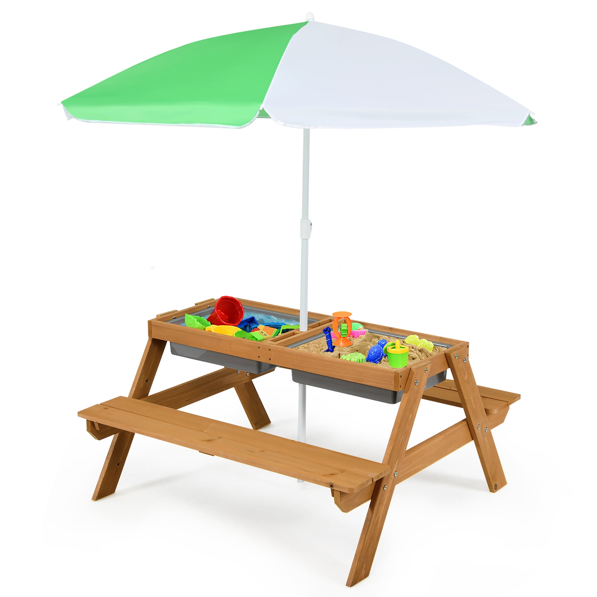 Champagne Illusion Postal code Babyjoy 3-in-1 Kids Picnic Table Outdoor Water Sand Table w/ Umbrella Play  Boxes - Walmart.com