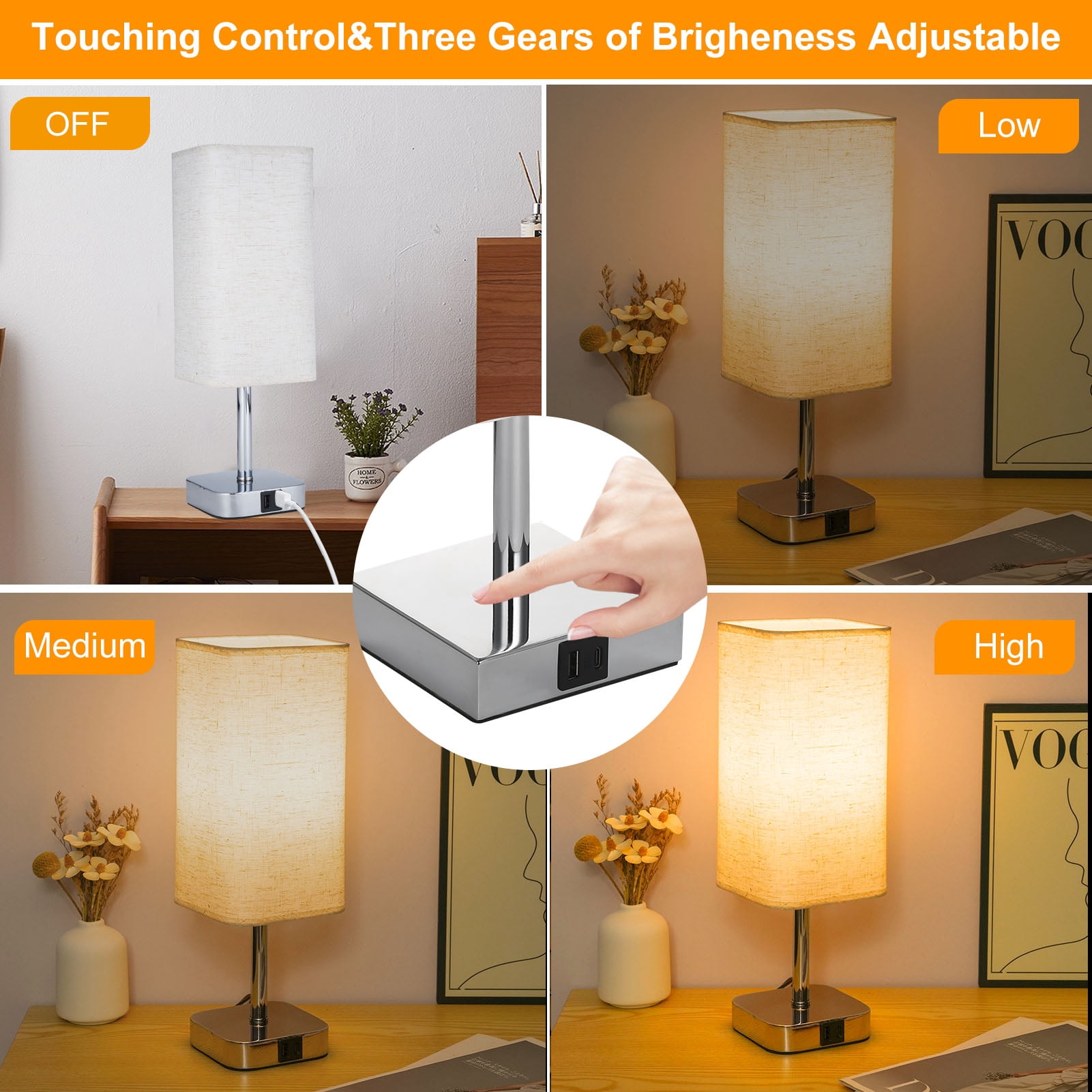2 Pack Bedside Table Lamp, Touch Control Nightstand Lamp with USB A+C Charging Ports, 3-Way Dimmable lamps with Linen Fabric Shade for Bedroom Living Room