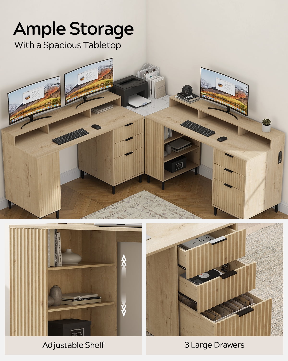 EYYTHUNG 55" Fluted Executive Desk with Charging Station, Modern Wood Home Office Desk with Storage Shelf & File Drawer, Writing Study Computer Table for Work Study, Light Oak