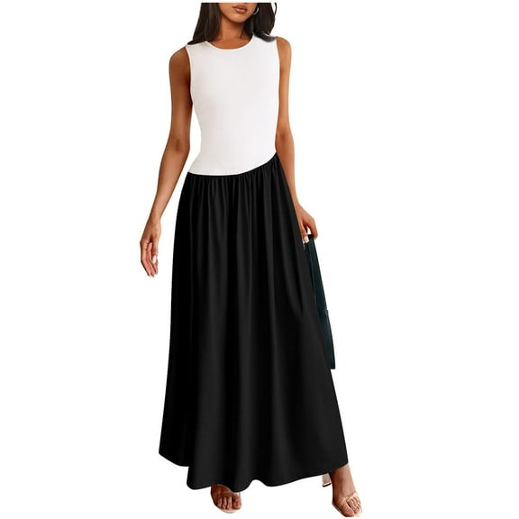 Wyobmus Summer Casual Dresses for Women Sleeveless Midi Dress Swing Tank Sundress Color Blocked Round Neck Pleated Tshirt Dress White