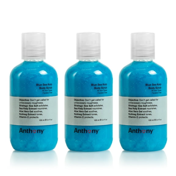 Anthony Exfoliating Body Scrub – Sea Salt, Vitamin C, And Aloe Vera Deep Cleans, Smooths Rough Patches & Soothes and Protects Skin – Blue Sea Kelp Body Wash 3.4 Fl Oz Pack of 3
