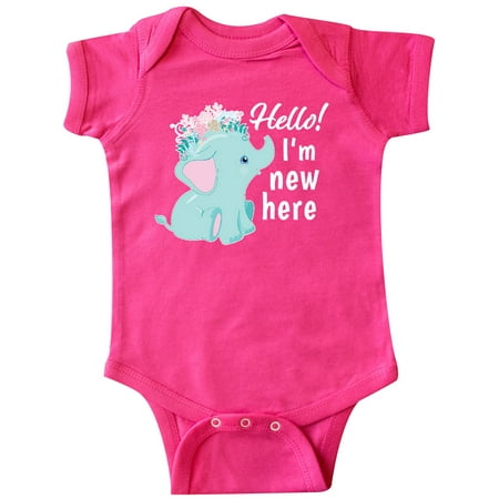 

Inktastic Hello I m New Here with Cute Baby Elephant with Flower Crown Gift Baby Boy or Baby Girl Bodysuit