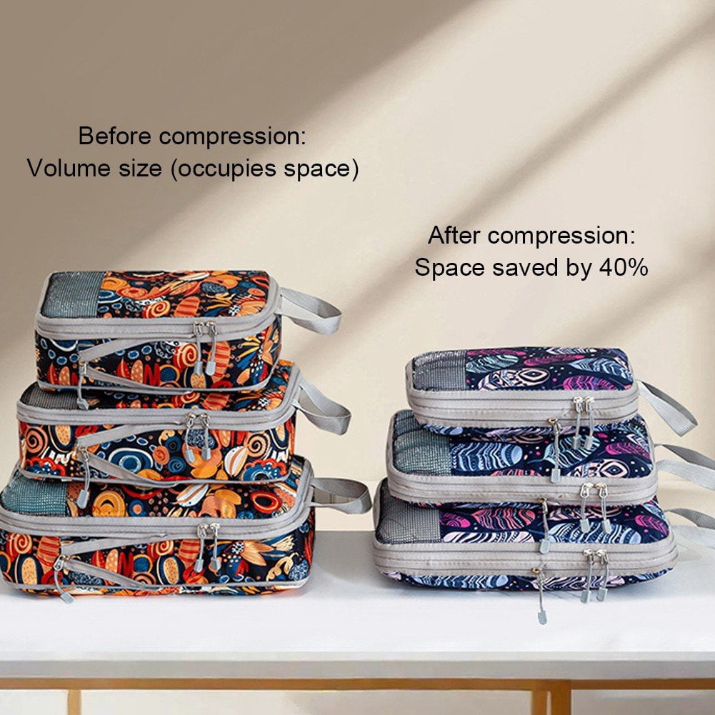 4-Pcs Packing Cube Set - Lightweight Organizers For Home Organizers Vacation And Suitcases With Compression Compression Packing Cubes Travel(Blueberry print )