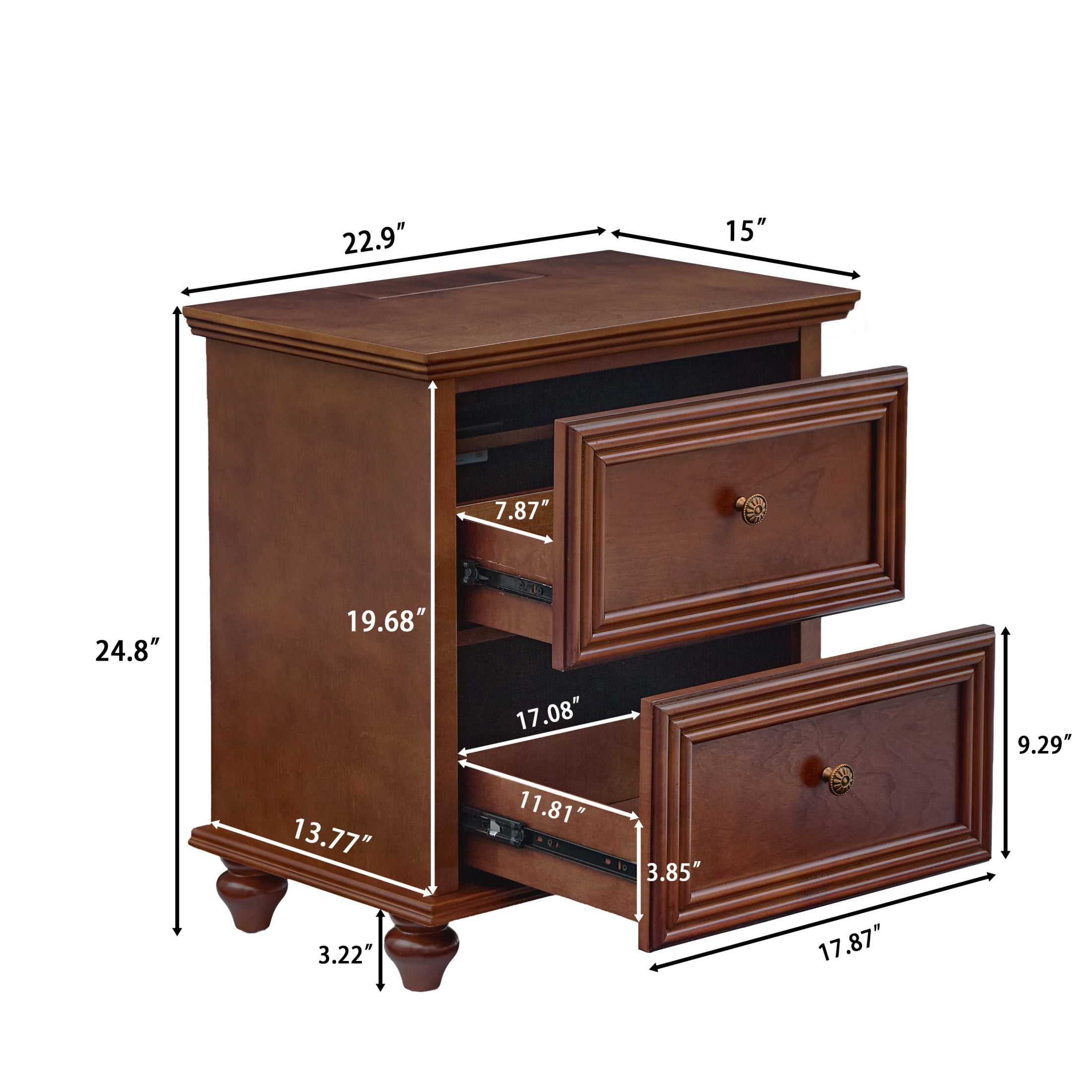 GDF Studio 22.9" Mid Century Modern Nightstand with Charging Station, 2 Drawers & Outlet, Walnut