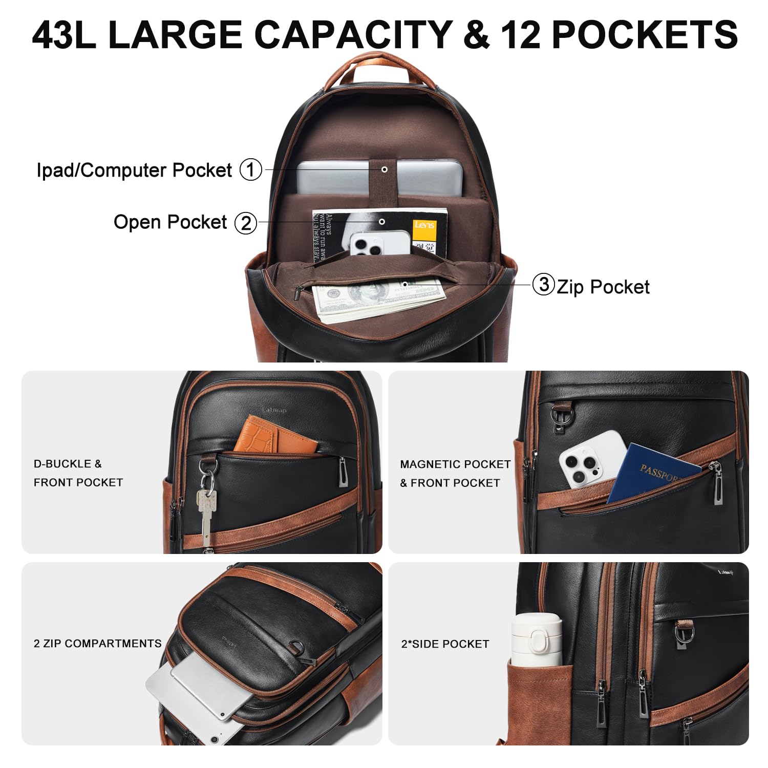 43L Vegan Leather Backpack for Women & Men, Travel Carry On Backpack, College Bookbag, Work Laptop Backpack fits 17 inch Laptop，Black&Brown