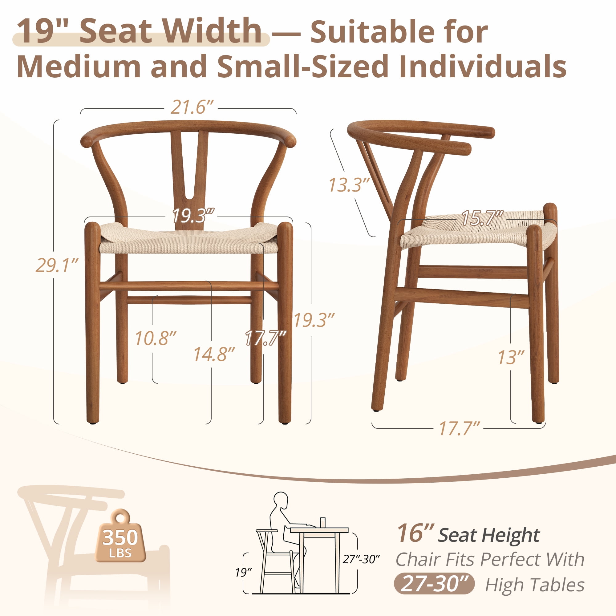DYCANPO Wood Dining Chairs Set of 2, Mid Century Modern Y-Shaped Backrest, Fully Assembled, Walnut