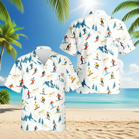 Ski Hawaiian Shirt for Men, Vintage Style, Button Down Summer Beach Short Sleeve, S-5XL