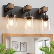 Farmhouse 3-Lights Wood Bathroom Vanity Light Black Bathroom Light Fixtures over Mirror with Clear Glass Shades for Living Room, Bedroom, Hallway