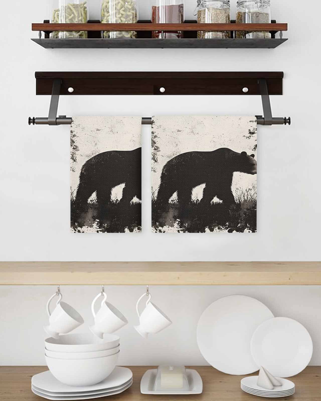 Black Bear Kitchen Dish Towels for Drying Dishes Set of 3, Vintage Forest Cabin Animals Silhouette Waffle Weave Microfiber Hand Tea Bathroom Towels Quick Dry & Absorbent Towel 15.7x23.6