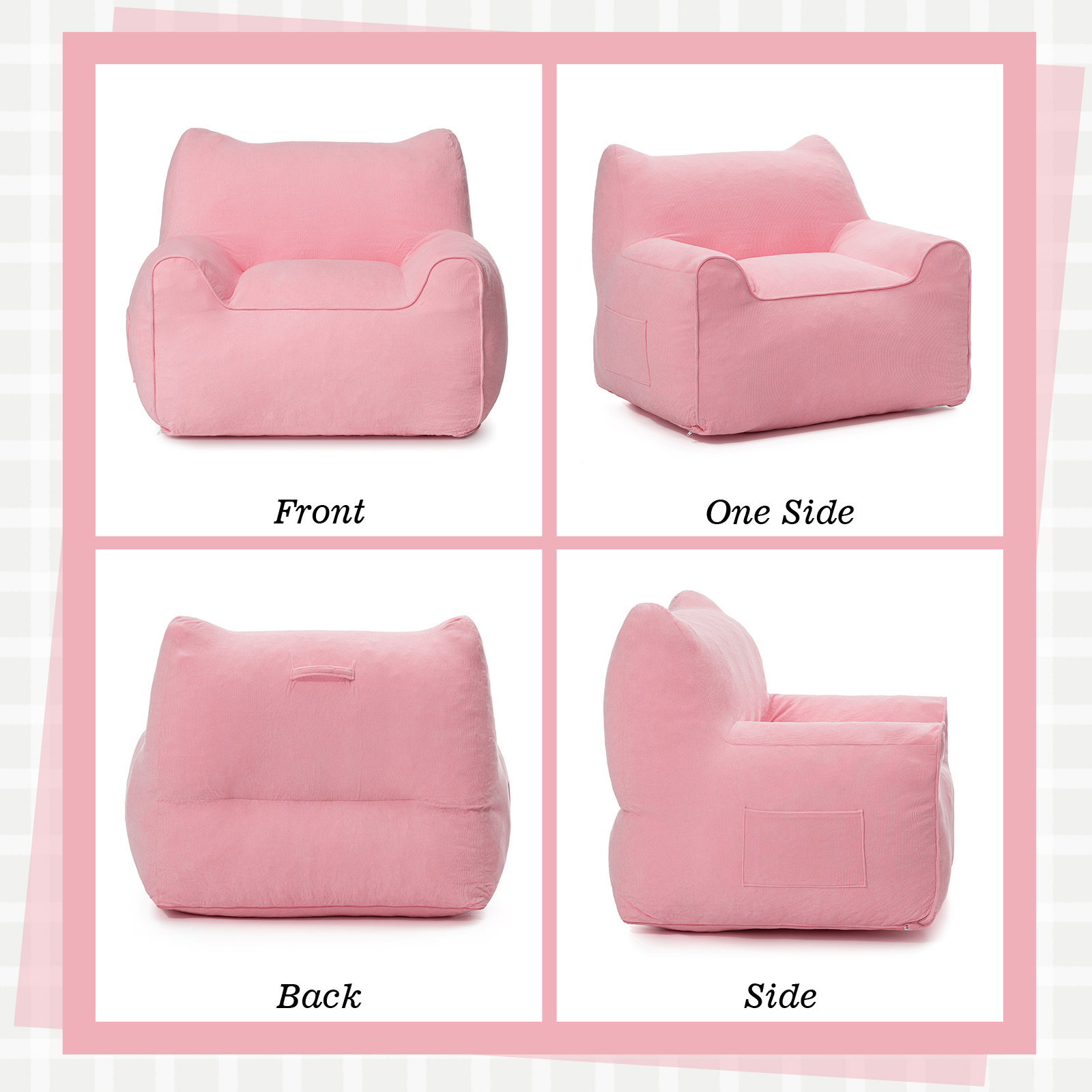 Lusimo Bean Bag Chair for Adults Teens, 3FT Lazy Memory Foam Bean Bag Sofa for Bedrooms, Cat-Ear Design Couch with Corduroy Washable Cover, Lounge Chairs with Pocket for Gaming, Reading, Pink
