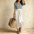 thumbnail image 3 of RFQWOVSR Women's Color Block V Neck Blouse Belted A Line Flowy Midi Skirt 2 Piece Set Boho Casual Summer Dress Outfit XXL, 3 of 5
