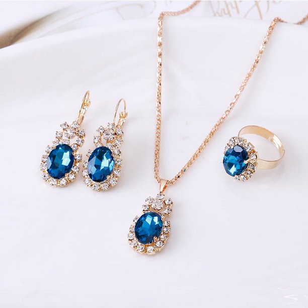 Nvzi Conjunto de joyas de diamantes de imitación con forma de gota de agua a la moda, collar con colgante de gota de agua retro,conjunto de joyas para madre, novia, boda, azul lago C