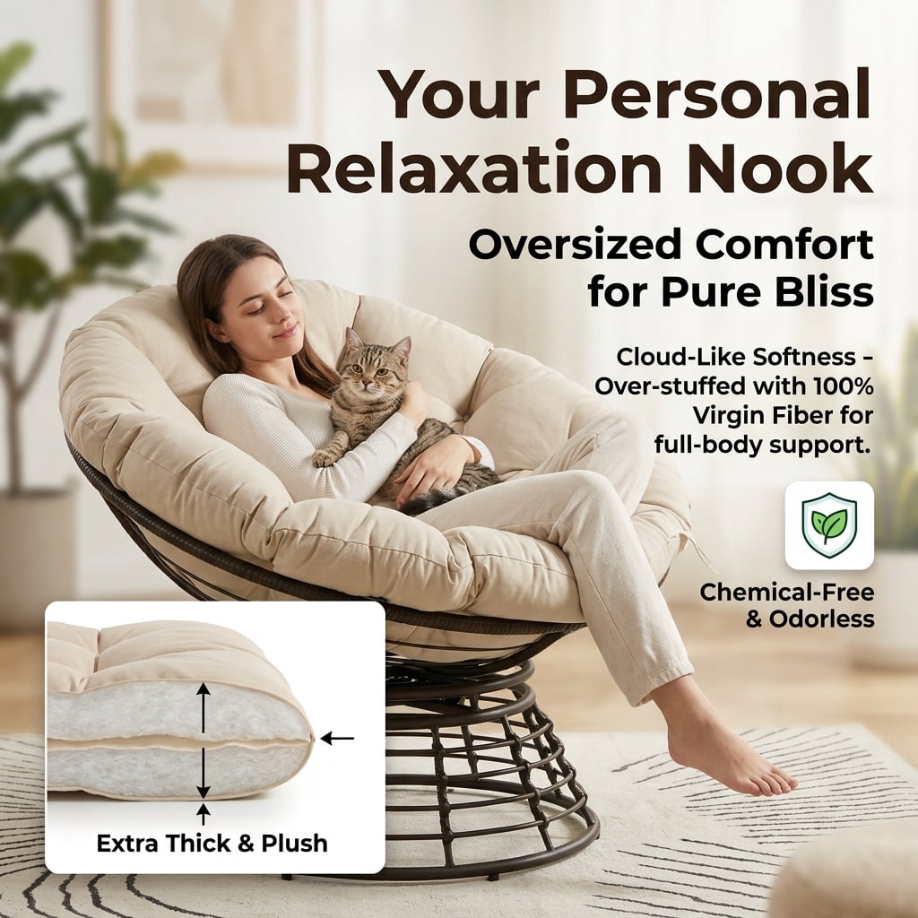 360° Swivel Wicker Papasan Chair with Ergonomic Over-Stuffed Cushion, Modern Rattan Saucer Chair for Living Room & Bedroom