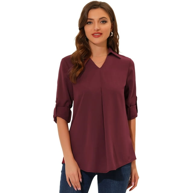 Túnica informal Allegra K de manga 3/4 con cuello en punta y plisado Vino rojo L