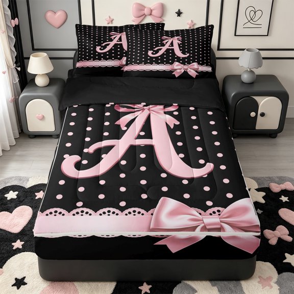 Manfei Letter A Print Zipper Twin Comforter Sets with Fitted Sheet and 2 Pillowcases,Pink Dreamy Bow Zipper Bedding Set,Black Reversible,4 Pieces