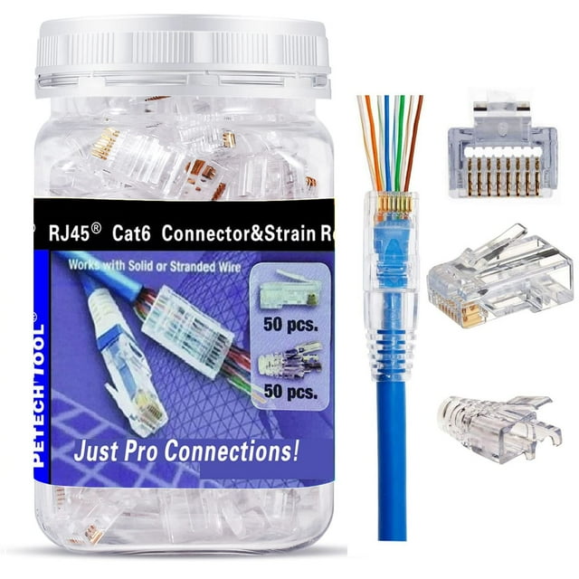 Petechtool Conectores De Paso Rj45 Cat6, Enchufes 8P8C Chapados En Oro Y Alivio De Tensión (50Xcat6Plug+50Xstrain Relief)