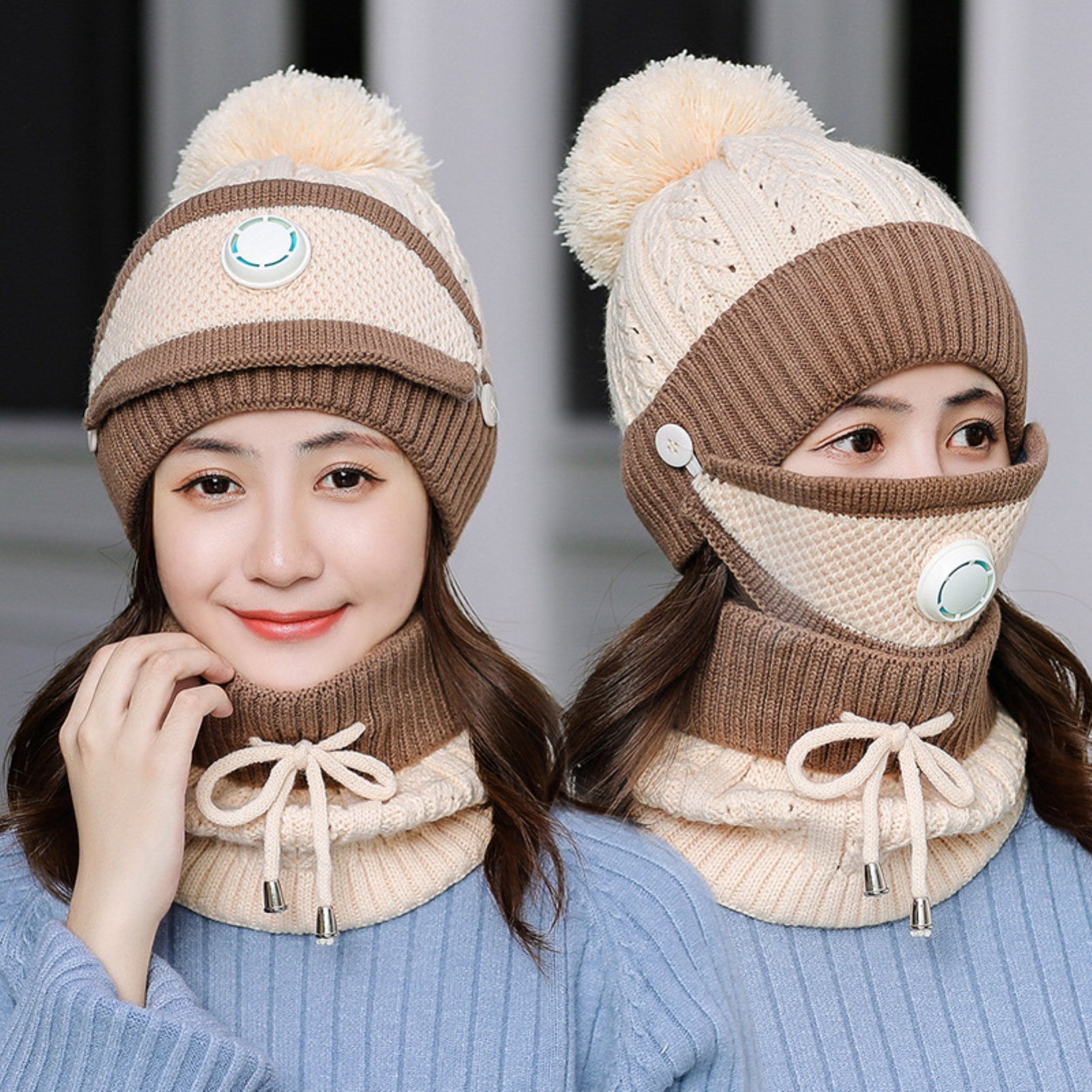 Women Winter Hat Set of 3, Warm Knit Beanie Hat Scarf Mask Set with Fleece Lined Skull Caps Neck Scarves