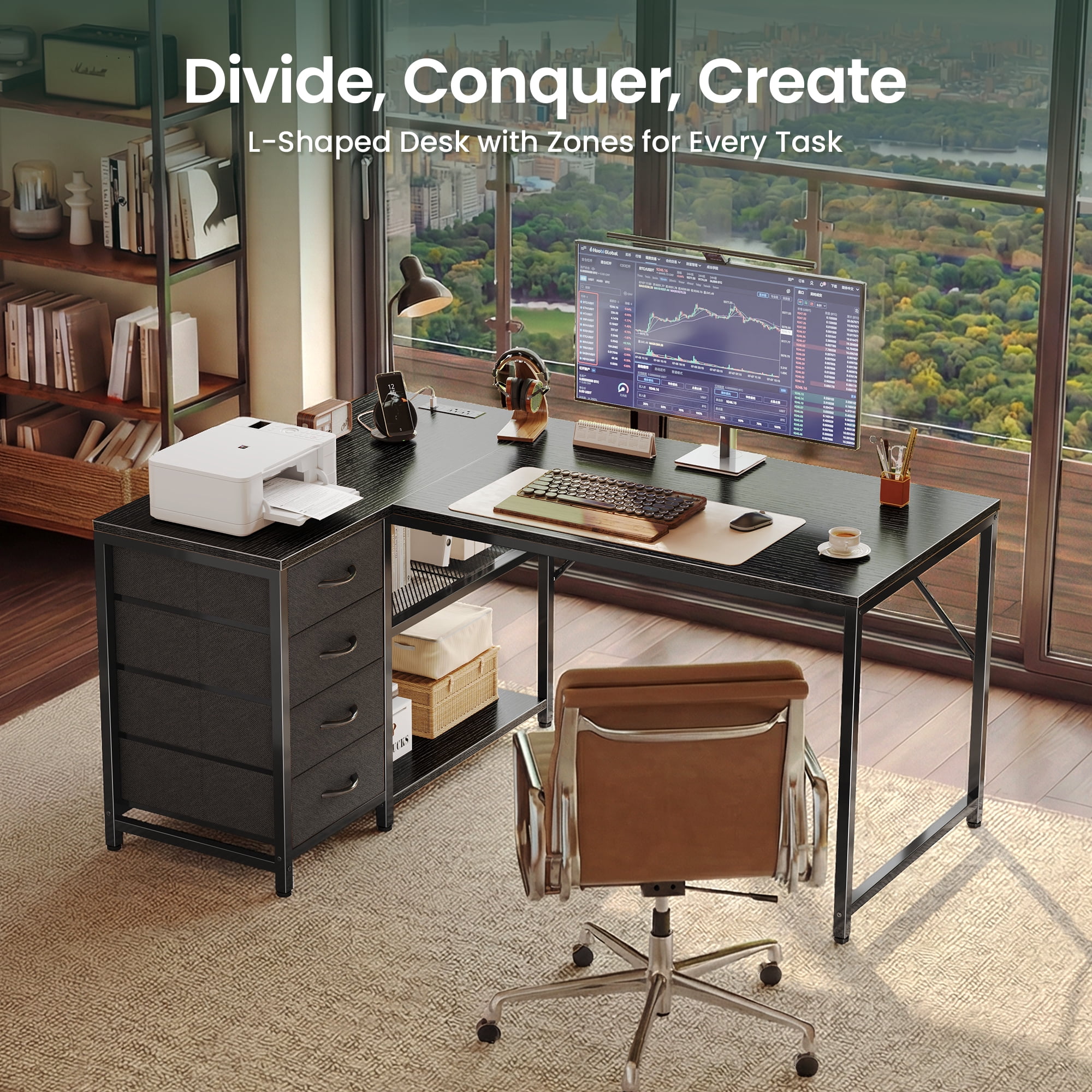 Amadwell 43 Inch L Shaped Desk with Power Outlets & Drawers, Reversible L-Shape Computer Desk