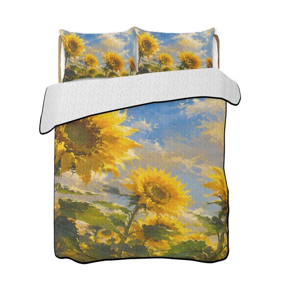 Sunflower Quilts Bedding Set Twin Size Rustic Floral Yellow Flower Sunlight Cloud Oil Painting Lightweight Quilted Bedspread 3 Piece Bed Quilt with 2 Pillow Shams All Season for Bedroom 68" x 86"