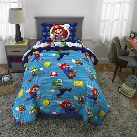 Super Mario 4pc Bed In A Bag Set Twin Size With Bonus Tote Blue