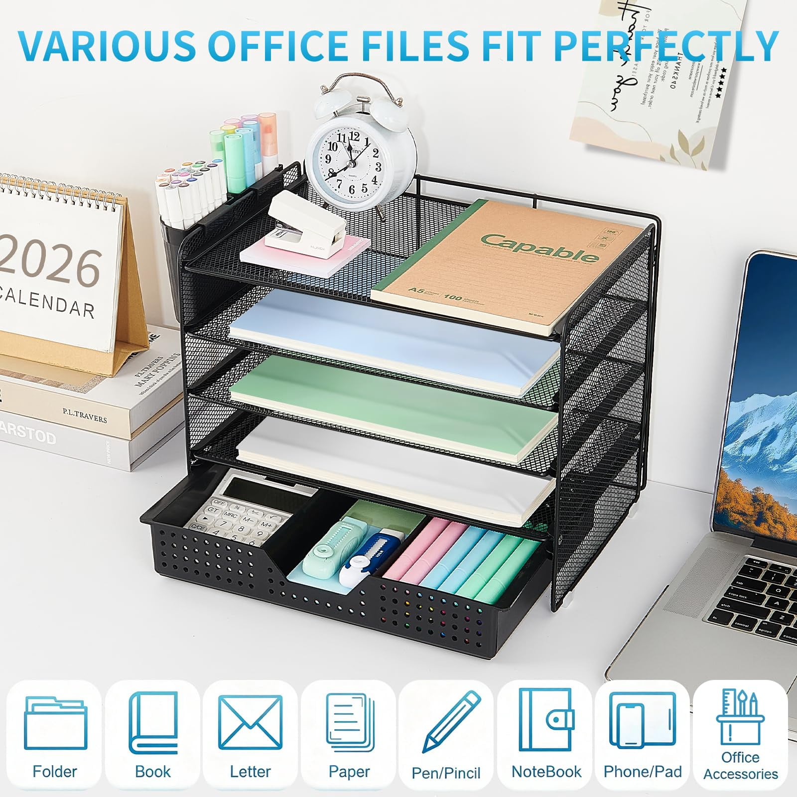 Desk Organizer And Accessories  5-tier Paper Letter Tray With Drawer & 2 Pen Holders For Desktop File Organization Office Supplies Storage (black)