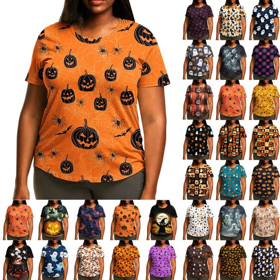 Axdhxbd Plus Size Halloween Shirts for Women Funny Pumpkin Graphic Tees Loose Casual Short Sleeve Crew Neck T-Shirts Fashion Holiday Tops M-5XL