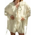 thumbnail image 3 of Two Piece Sets for Women Long Sleeve Peplum Lace Trim Chiffon Shirt Wide Leg Short Pants Vacation Travel Outfits Beige S, 3 of 9
