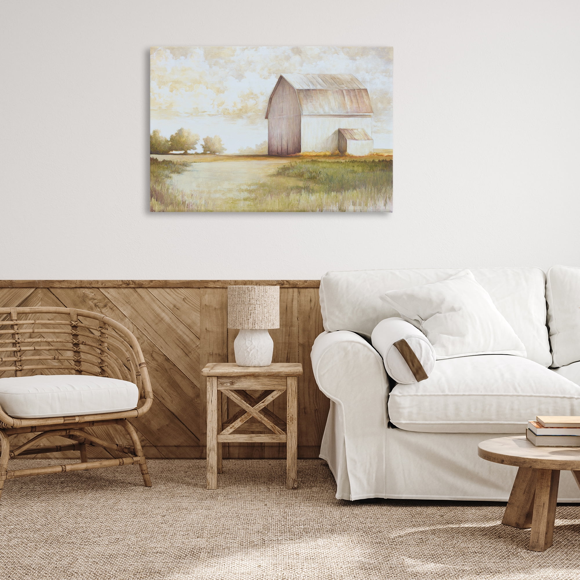 Stupell Industries Neutral Distant Barn Landscape Painting Gallery Wrapped Canvas Art Print Wall Art, 36 x 24