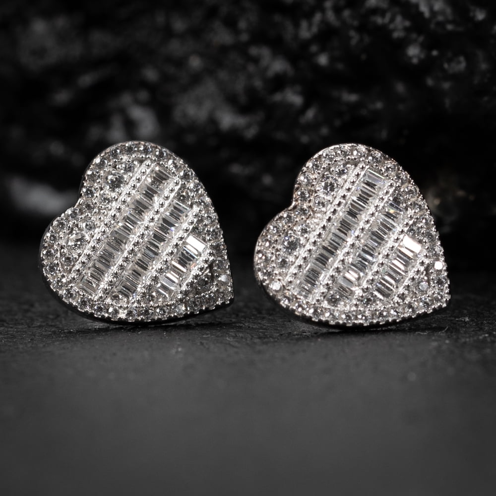 Women’s Cute White Gold 925 Sterling Silver Iced Baguette Heart Stud Screw Back Earrings