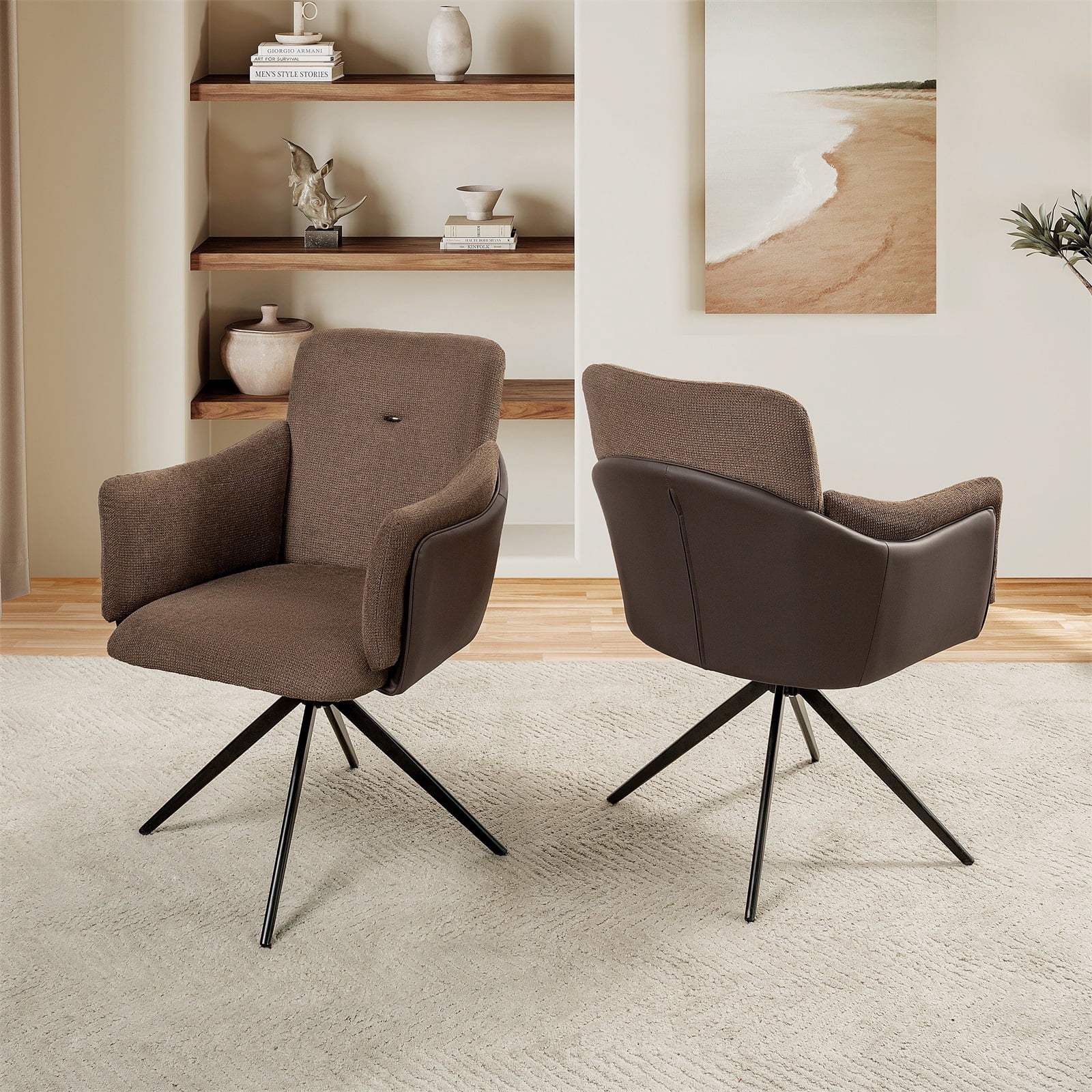 Hommoo 360° Swivel Accent Chair Set of 2, Modern Linen Upholstered Armchair with Metal Base, for Home & Office, Dark Brown