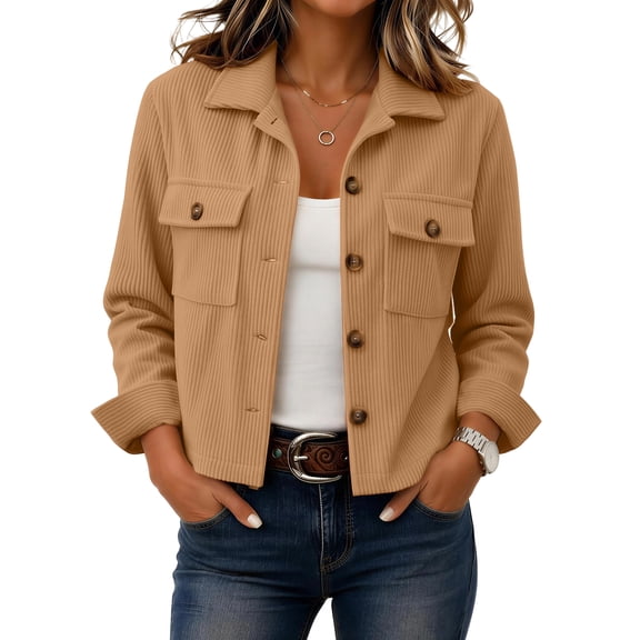 Women Collared Corduroy Cropped Shirt Jacket Loose Fit Long Sleeve Button Front Fall Barn Outwear Shacket S