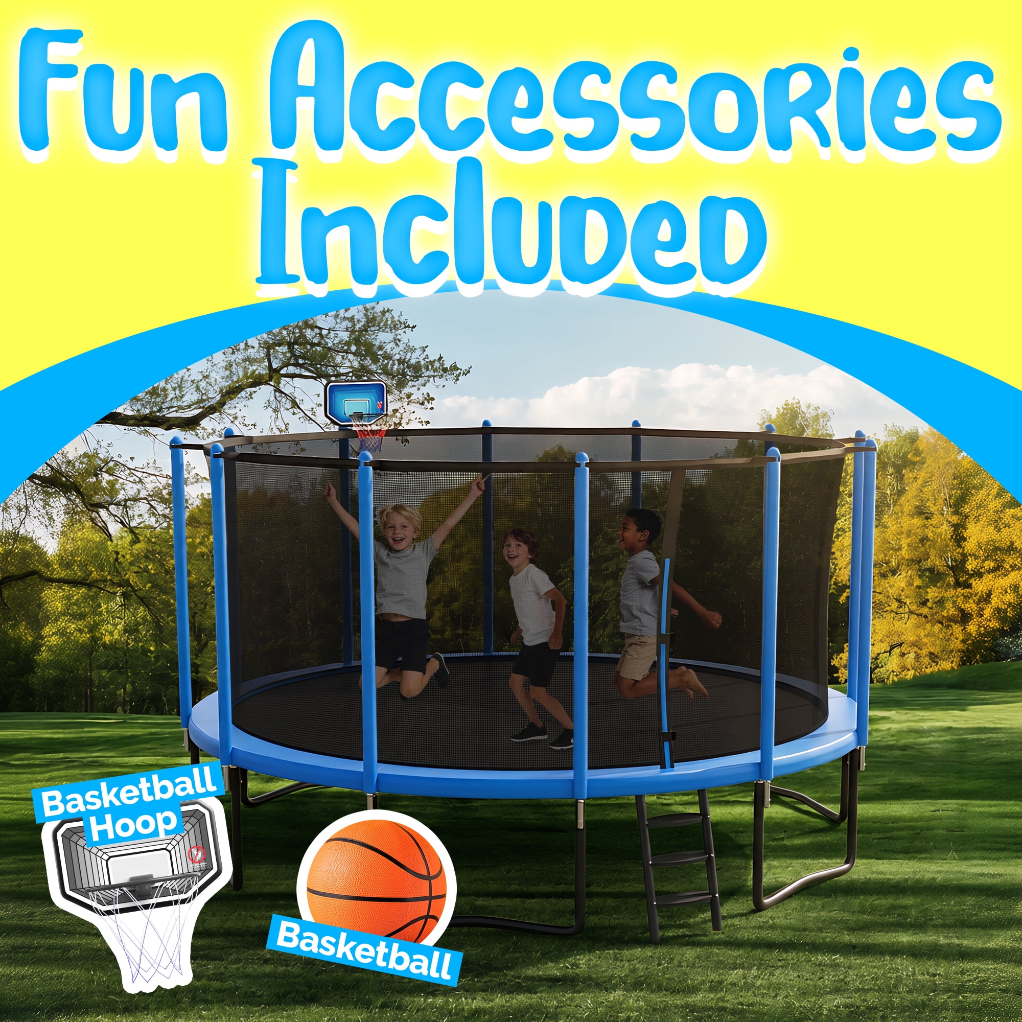 YORIN Trampoline with Enclosure Net, 1200LBS 12FT Trampoline for 4-5 Kids Adults, Recreational Trampolines with Basketball Hoop, Ladder, Galvanized Outdoor Heavy Duty Trampoline