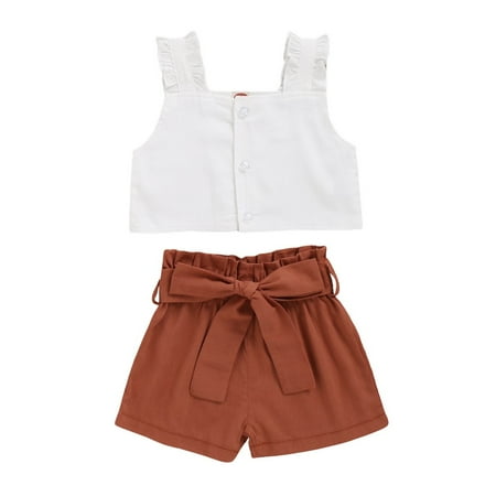 

Baby Girls Outfits Solid Color Sleeveless Square Neck Button Top +Bow Tie Shorts 2Pcs Clothes Set 9-12 Months White