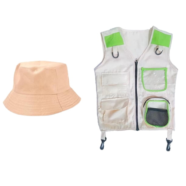 Chaleco de explorador con sombrero, chaleco y sombrero para disfraz de fiesta, accesorio para disfraz de Halloween, chaleco tipo cargo para regalo de Verde