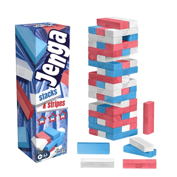 Hasbro Jenga Stacks and Stripes Party Game, Red, White, and Blue Wood Blocks, Boys & Girls, Ages 6 
