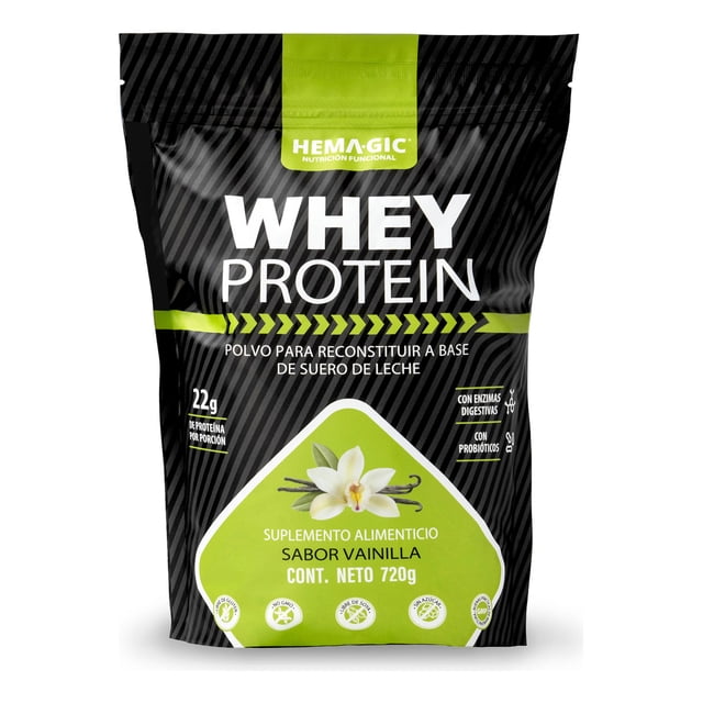 HEMAGIC Proteína Whey 720gr - 22 g de Proteína de Suero de Leche En Polvo - Con Probióticos y Enzimas Digestivas - 60 Porciones - Suplementos Alimenticios - Sabor Vainilla