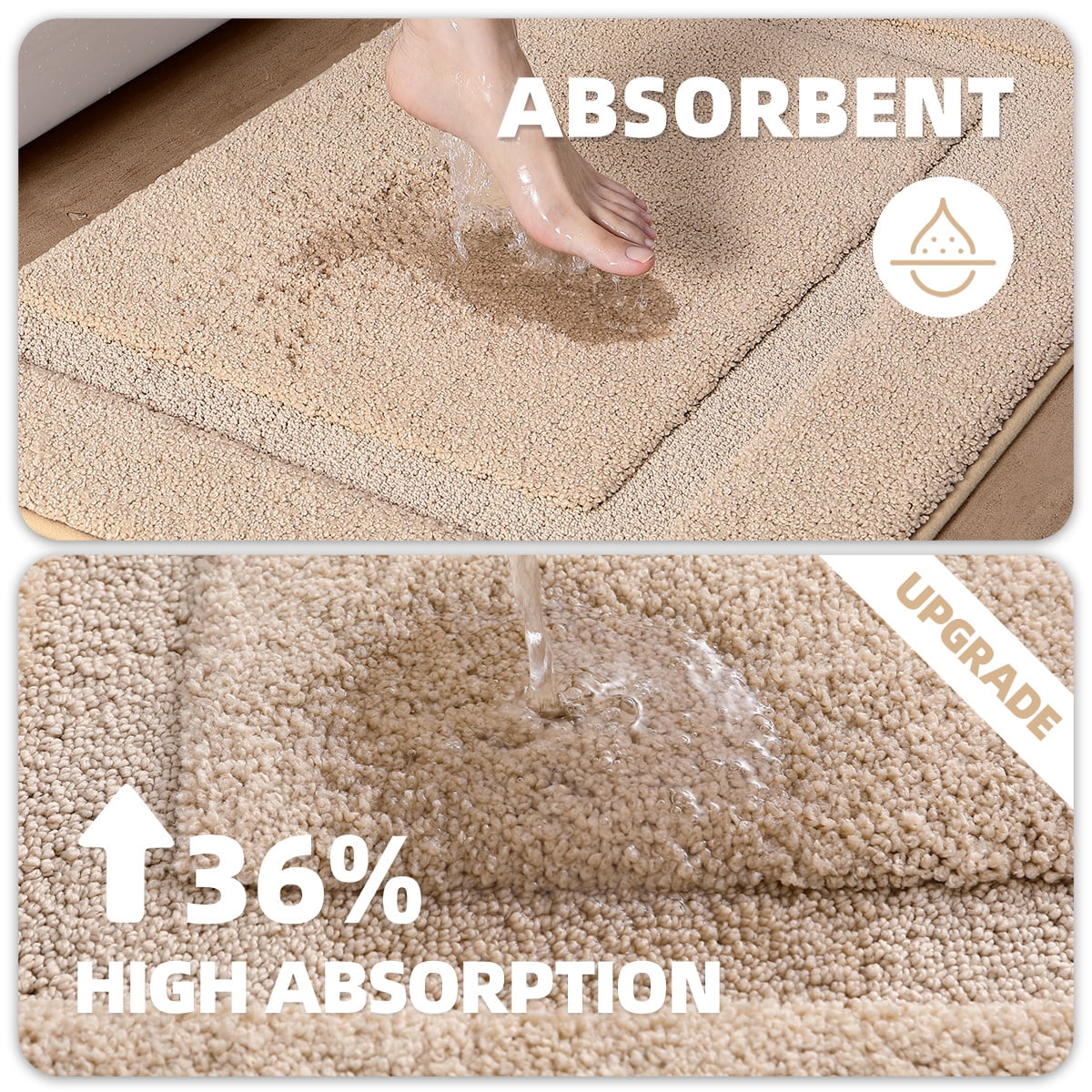 PABUBE Traditional Soft Khaki Microfiber Shag Bath Mat, 24"x36", Non-Slip and Absorbent Bathroom Rug for Bathroom Floor, Quick Dry, Machine Washable