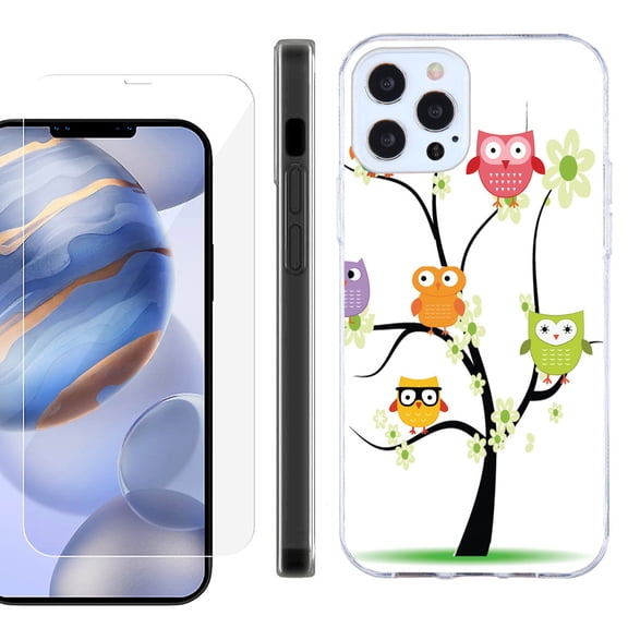 Slim Fit Protective Phone Case for Apple iPhone 12 / iPhone 12 Pro, with Tempered Glass Screen Protector, by OneToughShield ® - Tree Owl