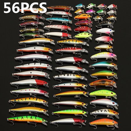 56Pcs Mixed Colors Fishing Lures Bass Bait Crankbait Treble Hook Set with Box for Freshwater Trout Bass Salmon