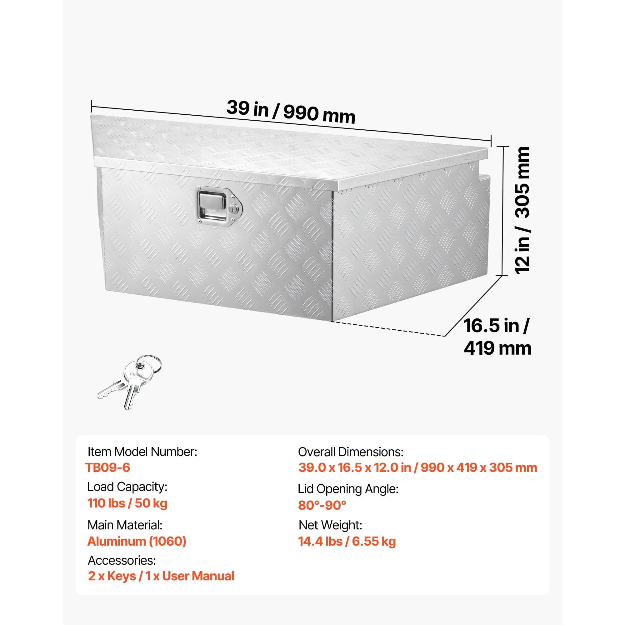 KFFKFF Aluminum Trailer Tongue Tool Box, 39" x 16.5" x 12" Storage Organizer with Lock & Keys, Durable Utility Chest for Truck Beds, RVs, SUVs, and Off-Road Vehicles, Silver