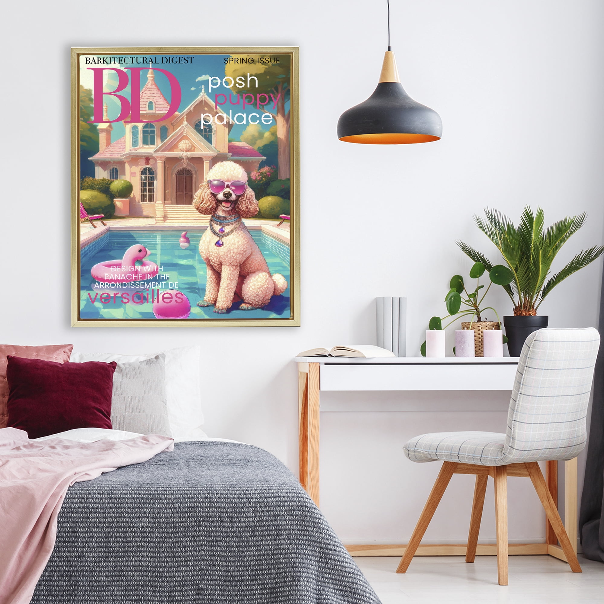 Stupell Industries Poodle Magazine Parody Gold Framed Floater Canvas Wall Art, design by Grotto Studios