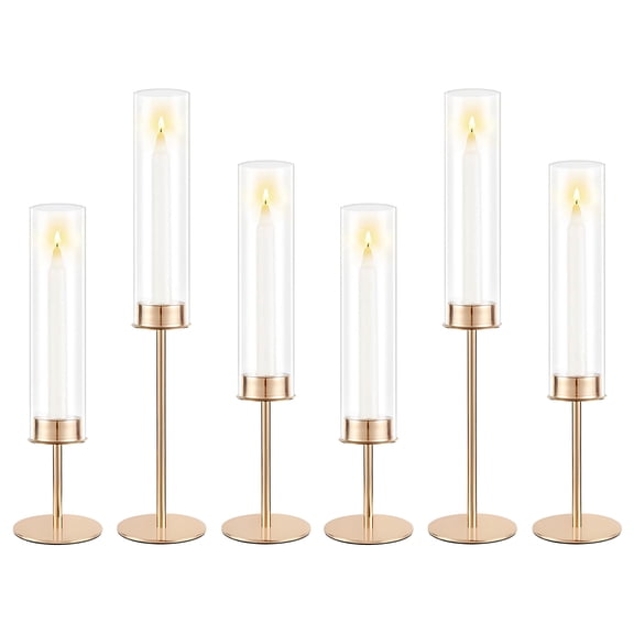 Set of 6 Gold Hurricane Candle Holders with Glass Sleeves - Tall Taper Candlestick Centerpiece for Wedding & Home Decor