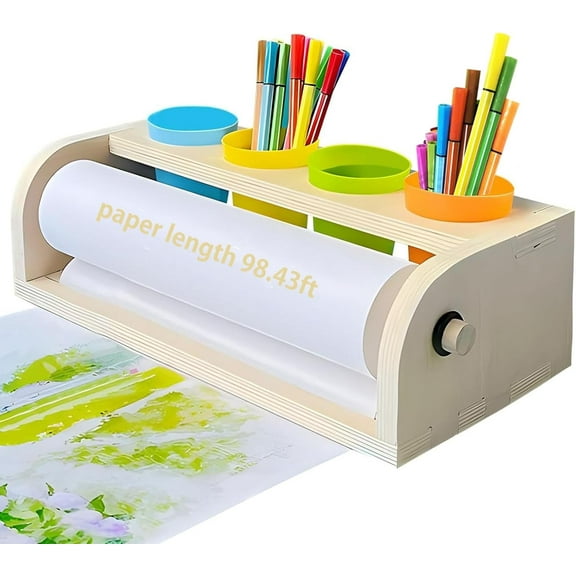Wooden Tabletop Paper Roll Dispenser with Roll 11.4inx98.4ft and Pencil Cups Craft Art Paper Roll Holder for Kids Desktop Easel for Drawing Painting Home Classroom