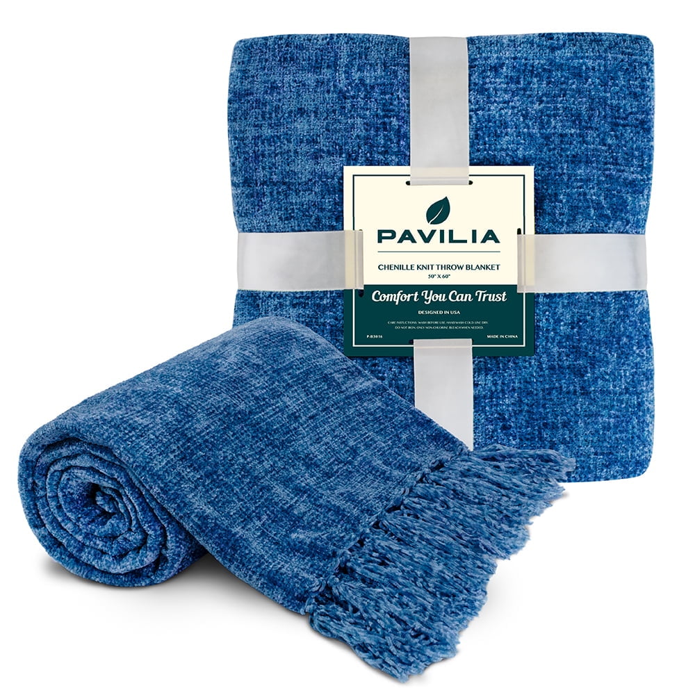 PAVILIA Blue Chenille Throw Blanket for Couch, Soft Blue Knit Blanket with Tassel Fringe, Woven Chenille Knitted Decorative Blanket for Sofa Bed Living Room, Decor Gift, 50x60