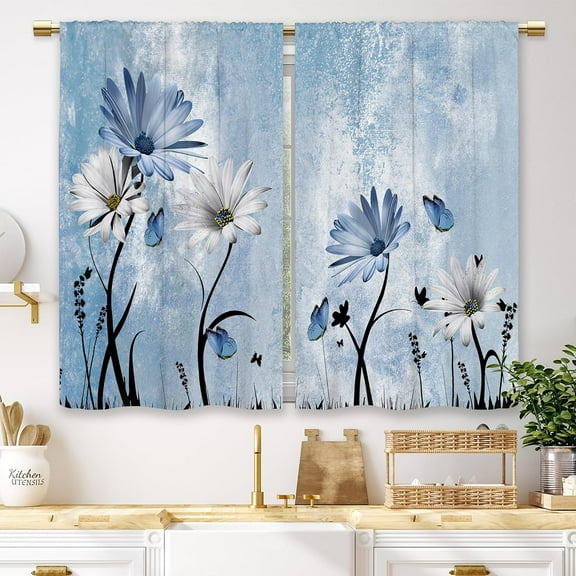 Farmhouse Flower Kitchen Curtains Blue Rustic Daisy Floral Small Short Cafe Window Curtains Country Vintage Butterfly Rod Pocket Bathroom Window Drapes Treatment Tier Curtains (27.5x39 Inch)