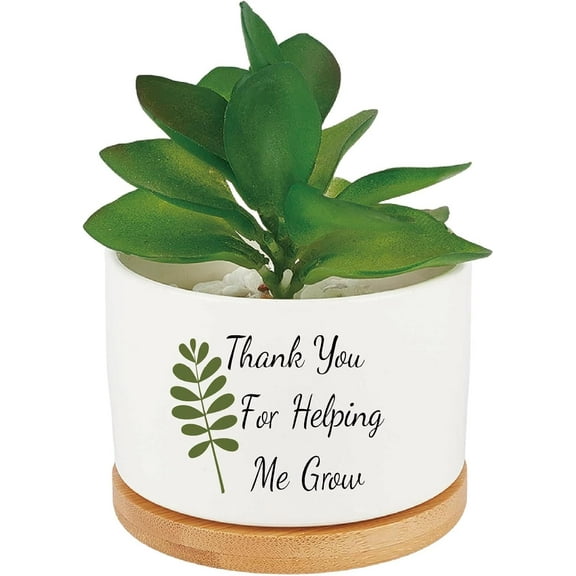 Thank You for Helping Me Grow Plant Pots Succulent Cactus Ceramics Aloe Vera Flower Planter Wood Tray Drainage Hole Indoor Outdoor for Teacher Appreciation Graduation Gifts(No Plants) for diy making