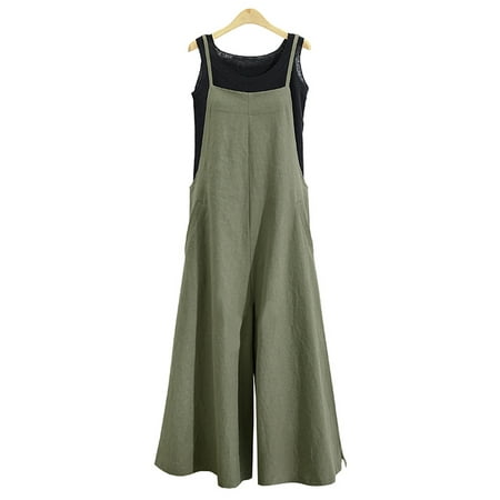 Women Long Suspender Bib Casual Loose Solid Jumpsuit