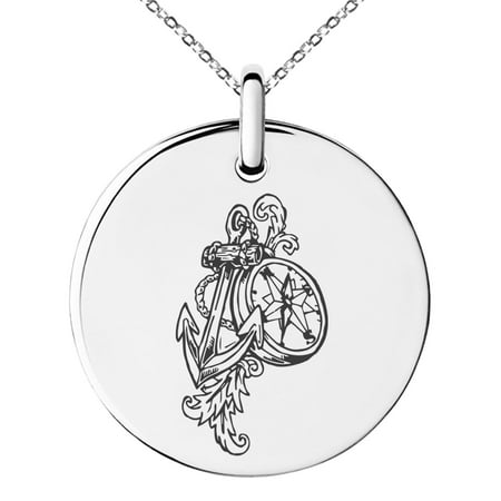 Feather Medallion - Stainless Steel Nautical Feather Compass & Anchor Engraved Small Medallion Circle Charm Pendant Necklace